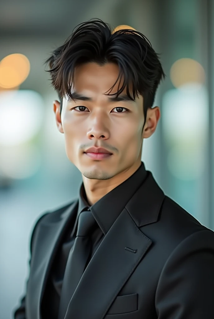 A slim but slightly muscular Japanese man in a suit, Photographed with a smartphone, Top quality, 1 beautiful men, Perfect Face, Japanese men, age 34, suit, ((center part hair)), medium short hair, black hair, ((oily hair)), Sitting in a chair, hands on chin, Posing like a magazine cover,
