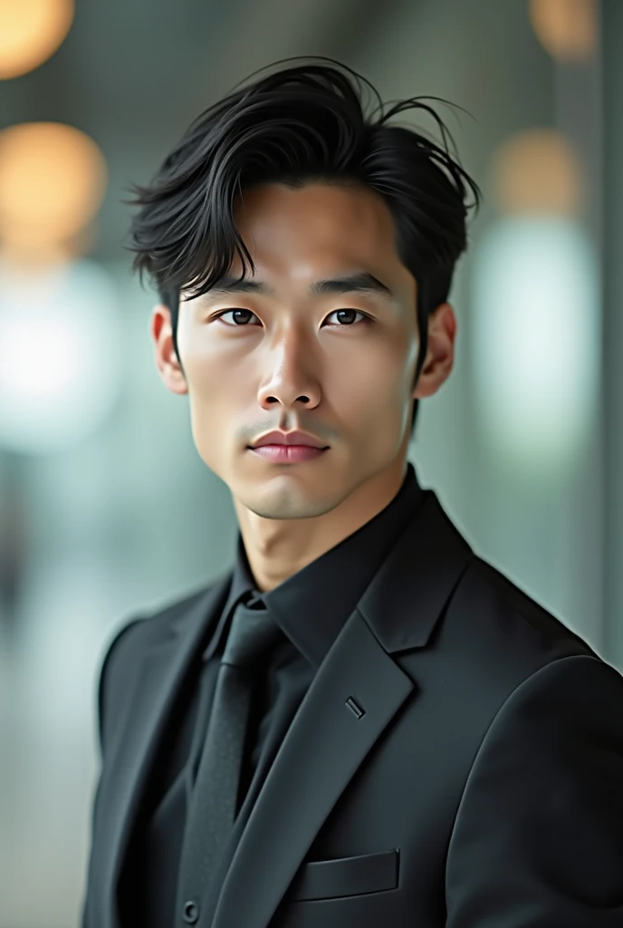A slim but slightly muscular Japanese man in a suit, Photographed with a smartphone, Top quality, 1 beautiful men, Perfect Face, Japanese men, age 34, suit, ((center part hair)), medium short hair, black hair, ((oily hair)), Sitting in a chair, hands on chin, Posing like a magazine cover,