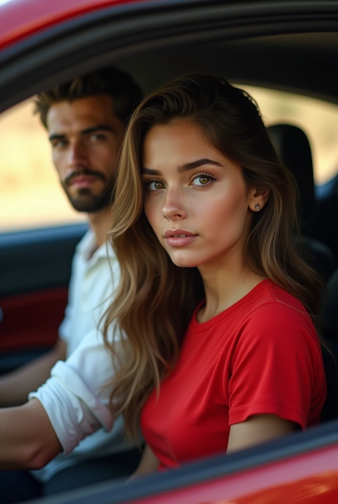 A beutiful girl Jean's red t shirt wearing at car with side sitting  1 boy 2 handsome boy with beard wearing white shirt Black court realistic beautiful woman sharp eye long hair 