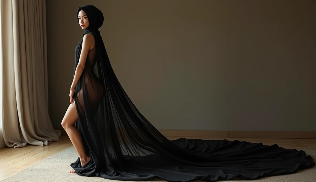 Asian woman wrapped in a transparent black cloth mimicking a mermaid gown with a striking large train, the cloth clings tightly to her figure, incorporates a hijab, standing with poise, see through whole body, half naked, nipple on, dramatic lighting, volumetric textures, very long cloth, in bed room, ultra realistic, golden ratio.