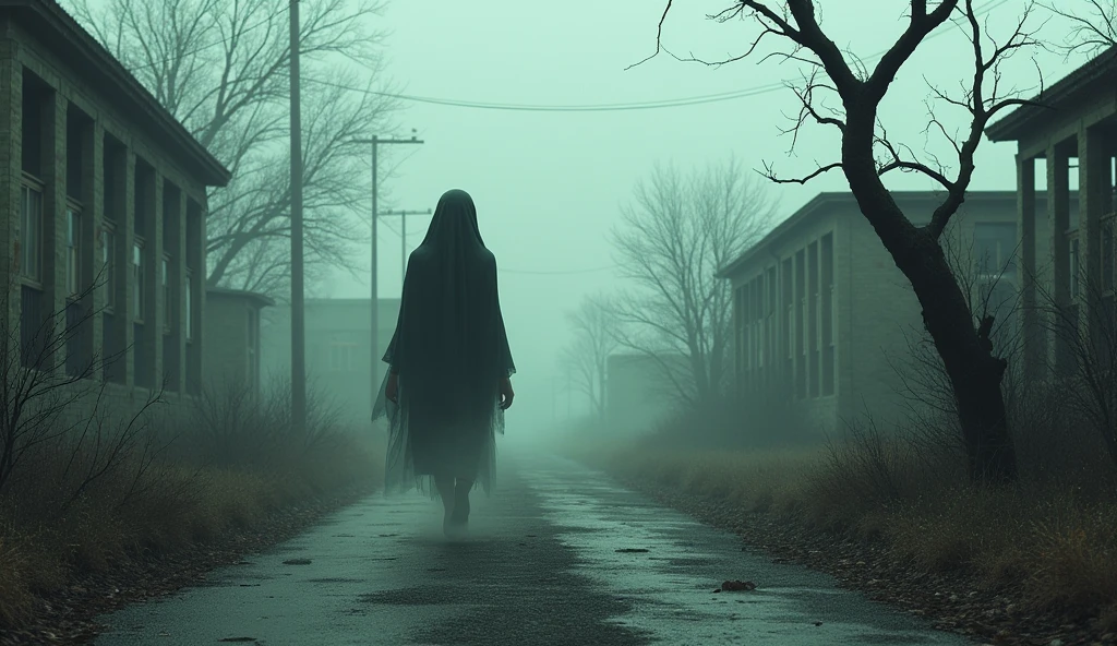 Amina's spirit is shown wandering near the school: A deserted road, on which Amina's spirit walks sadly, broken trees and old buildings behind.
