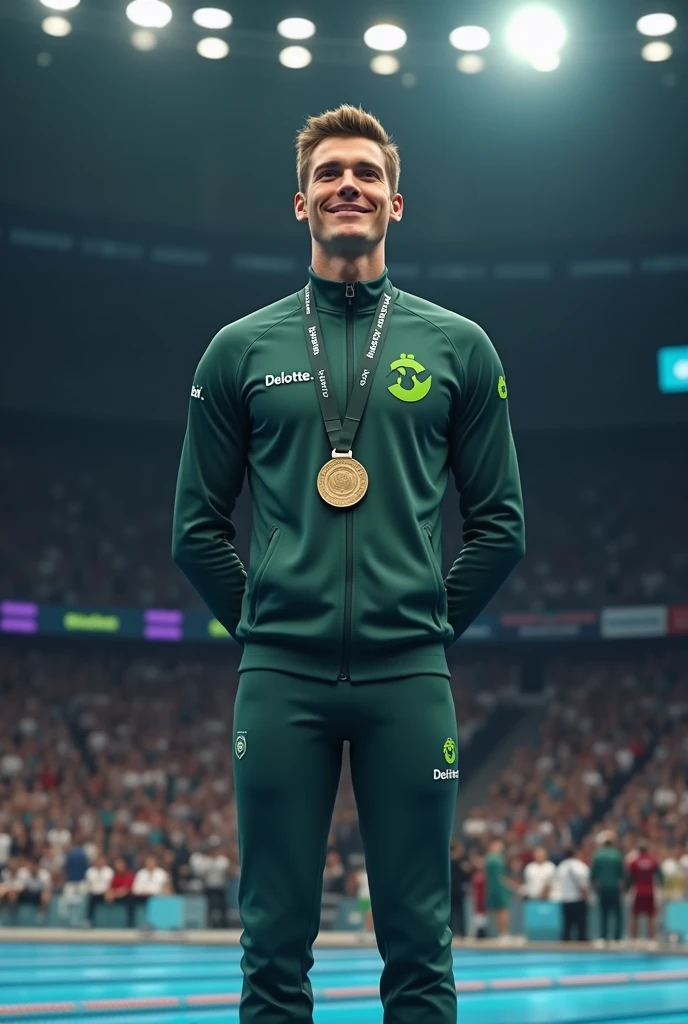 "Design a complete image of a swimmer during a medal presentation, dressed in a tracksuit with matching trousers. The tracksuit should prominently display the word 'deloitte' printed on it, with a full-stop after the 'deloitte' green, as this is a key detail."