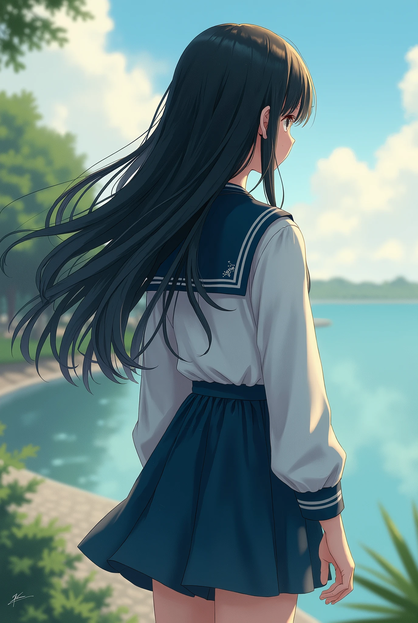 Black hair girl back view sailor suit