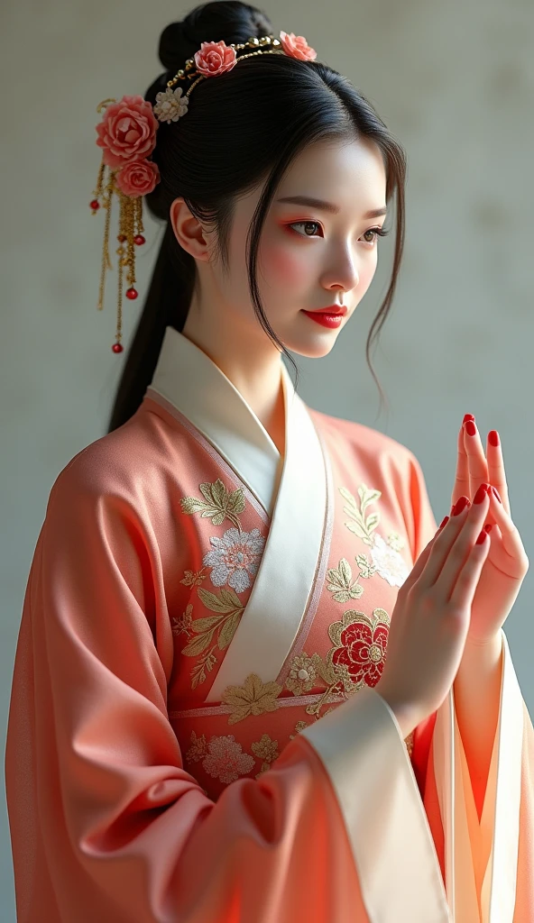 (photorealism:1.2), beautiful Chinese woman, wearing traditional Hanfu, very beautiful Chinese Hanfu female, beautiful fingers, red nails, simple background. 