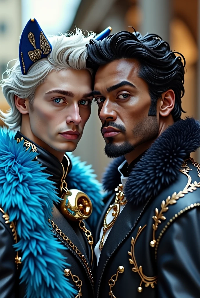 A very attractive man, Manly and young with silver hair and very vibrant blue eyes, Cheshire Cat themed clothing, flirtatious but firm look, few extravagant clothes, silver and blue cat ears, Bell collar and blue and black fluffy fur coat next to a very attractive and strong man wearing clothes with the theme of the Queen of Hearts from Alice in Wonderland. dark black hair, Vibrant honey-colored eyes, Slightly dark skin being a gay couple