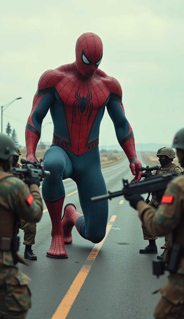 This image depicts a giant version of Spider-Man kneeling in the middle of a highway, surrounded by armed military personnel who have their weapons pointed at him. The scene appears highly stylized and surreal, blending elements of the Spider-Man character with a scenario that suggests a dramatic confrontation. This might be a digitally altered image or fan art rather than a scene from an official movie or comic.