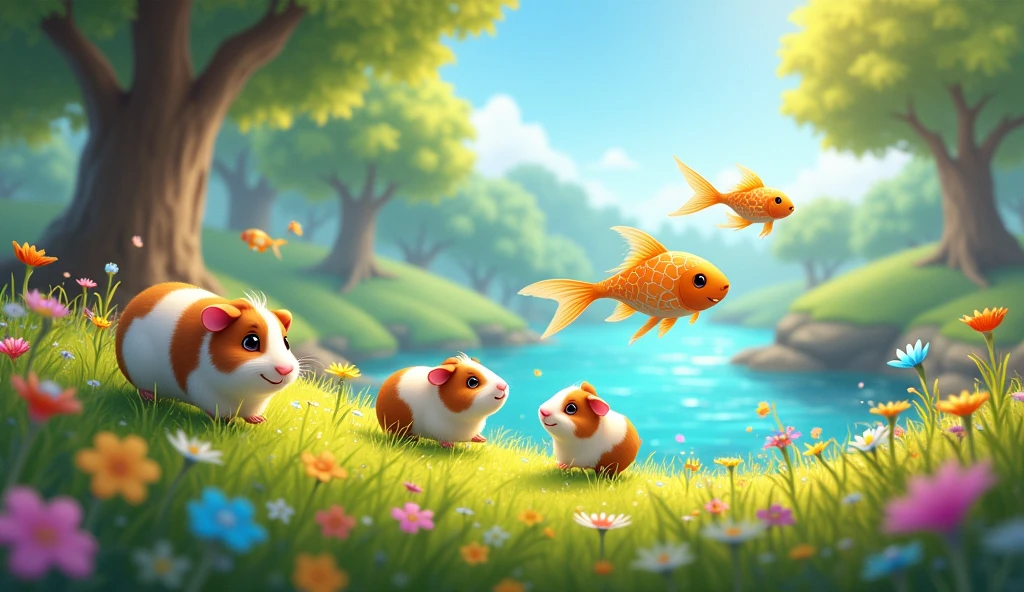 Imagine a whimsical world where adorable guinea pigs frolic in lush green meadows, while vibrant fish with shimmering, iridescent fins dance gracefully in sparkling blue waters nearby. Create a magical scene that captures the joy and beauty of these delightful creatures living in harmony, surrounded by a fantasy landscape filled with colorful flowers and dappled sunlight."
The images and background should be 2d cartoonish not 3d.
Image should be landscape size for my kids song YouTube video 