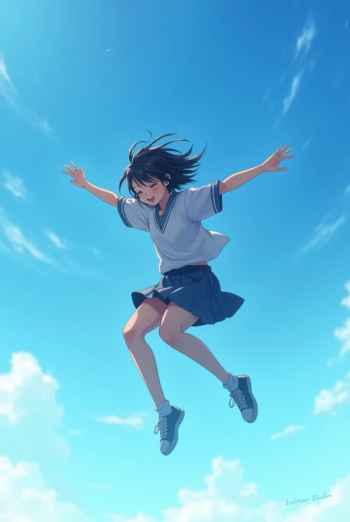 High school girl jumping into the sky、blue sky、The Girl Who Travels Through Time、Real、photograph、Black Hair、short hair、Hair blowing in the wind