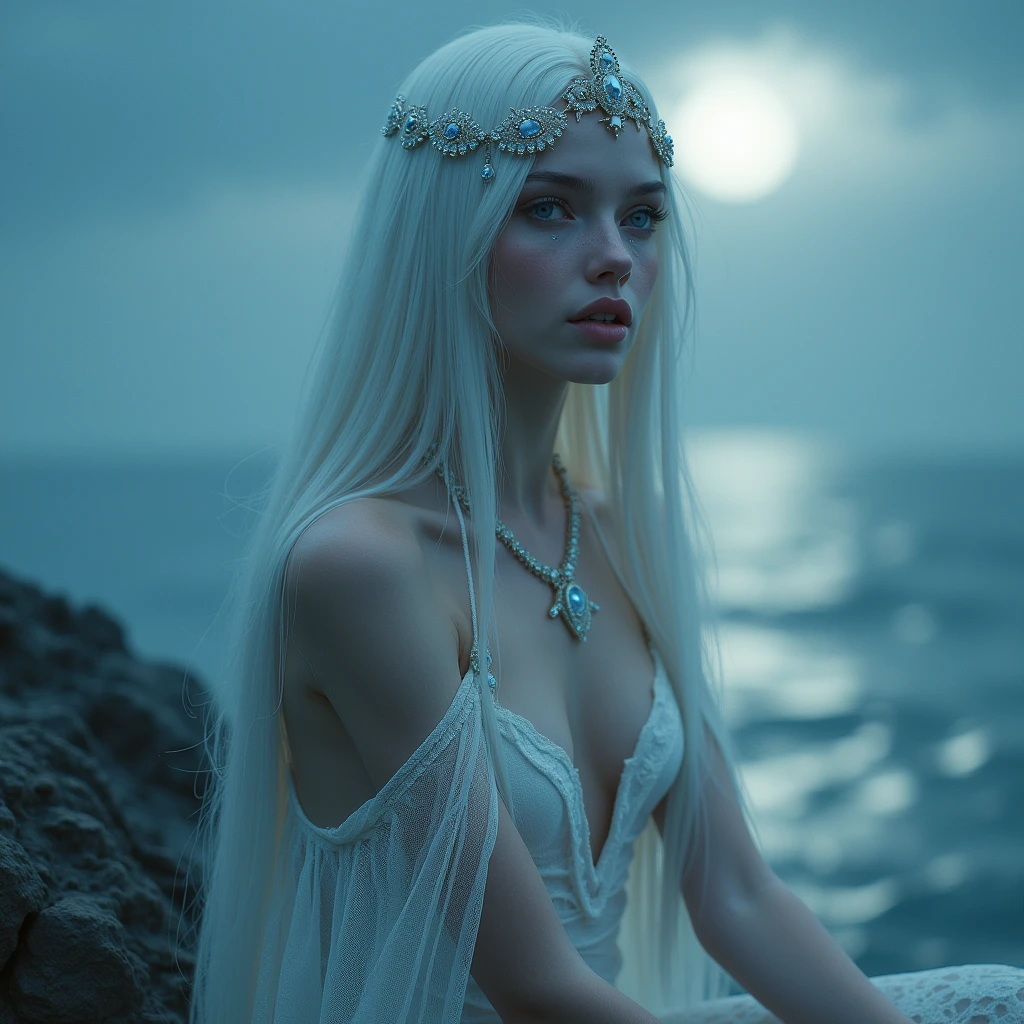 Nereid of the Moon Albino skin pale like the Moon bleached faded smooth sparkling pearly long straight platinum white hair sparkling pearly silver eyes looking at the distant horizon seductive beauty inhuman divine melancholic eternal indescribable seductive provocative attractive temptress irresistible on top of a rock in the middle of the ocean the lonely needy night just wanted to love and be loved waiting patiently to be found by someone who truly loves her realistic conceptual art High resolution, breastsout, 独奏, gazing at viewer, jewel, cloused mouth, eyes locked, aretes, tears, sheen, Masterpiece artwork,