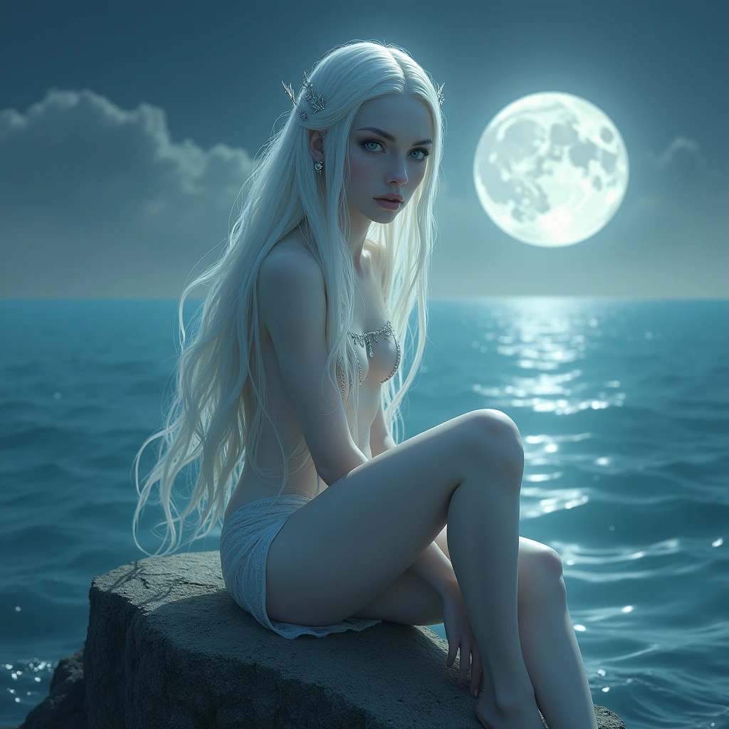Nereid of the Moon Albino skin pale like the Moon bleached faded smooth sparkling pearly long straight platinum white hair sparkling pearly silver eyes looking at the distant horizon seductive beauty inhuman divine melancholic eternal indescribable seductive provocative attractive temptress irresistible on top of a rock in the middle of the ocean the lonely needy night just wanted to love and be loved waiting patiently to be found by someone who truly loves her realistic conceptual art High resolution, breastsout, 独奏, gazing at viewer, jewel, cloused mouth, eyes locked, aretes, tears, sheen, Masterpiece artwork,