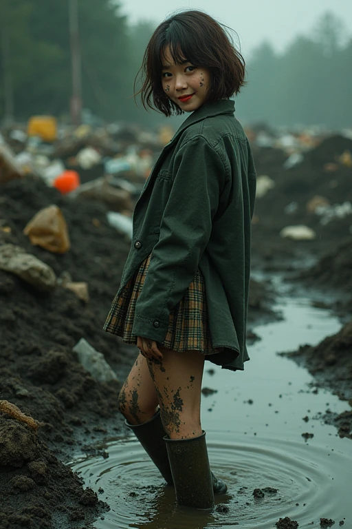 ((Highest quality)), ((masterpiece)), Dark dirty garbage filled pitch black green sludge quagmire at waste dump、Cute Japanese woman with short hair、boyish、Brown Hair、Thick body type、Beautiful breasts、Thicker legs、Get stuck in the mud wearing red Hunter rain boots、Blazer uniform muddy、Checkered flared skirt covered in mud、Muddy thighs、Mud stains on face、Mud stains on clothes、Leaning forward、Look back and smile