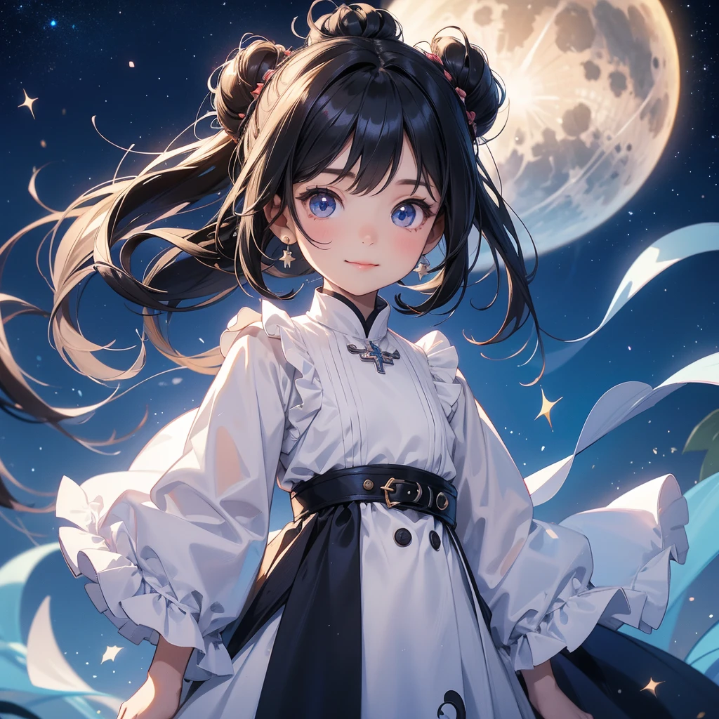 A chibi child girl had a small face and wearing a white little tourist priest’s outfit, a pair of big round eyes shone with curiosity about him. This child was so cute, her hair is black with buns on her hair. Small chibi , chibi baby, smiling , chibi. 

Background is a dark night, with moonlight and millions of stars, twinkling everywhere, with blue light