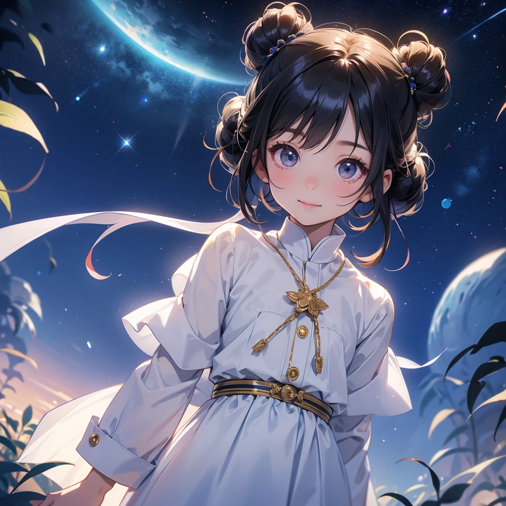 A chibi child girl had a small face and wearing a white little tourist priest’s outfit, a pair of big round eyes shone with curiosity about him. This child was so cute, her hair is black with buns on her hair. Small chibi , chibi baby, smiling , chibi. 

Background is a dark night, with moonlight and millions of stars, twinkling everywhere, with blue light