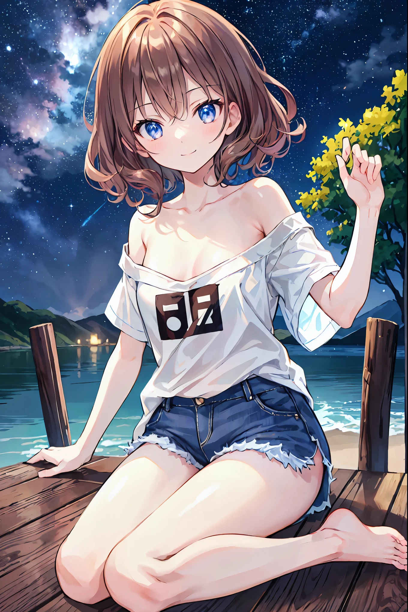 Brown Hair,Shortcuts,Messy Hair,Slender beauty,A dignified posture,Small chest,Beautiful feet,Her captivating grey-blue eyes shine like stars,CG, Unity, 8k, wallpaper, Highest quality,sunlight、Perfect lighting、 masterpiece, (smile: 1.2), 1 high school girl、Curly Hair、black t-shirts、Off the shoulder、 BREAK Denim Shorts, barefoot, Best lighting, Complex pupil, Intricate weaving, Detailed Background, Japanese countryside, night、Starry Sky🌌、Beauty,Slender,Slender body