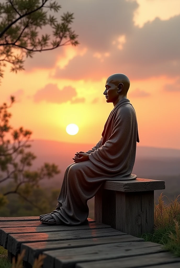 A statue of Rajwadi Cha sits on a bench
A statue of Rajwadi Cha sits on a bench and the sun sets above the clouds.