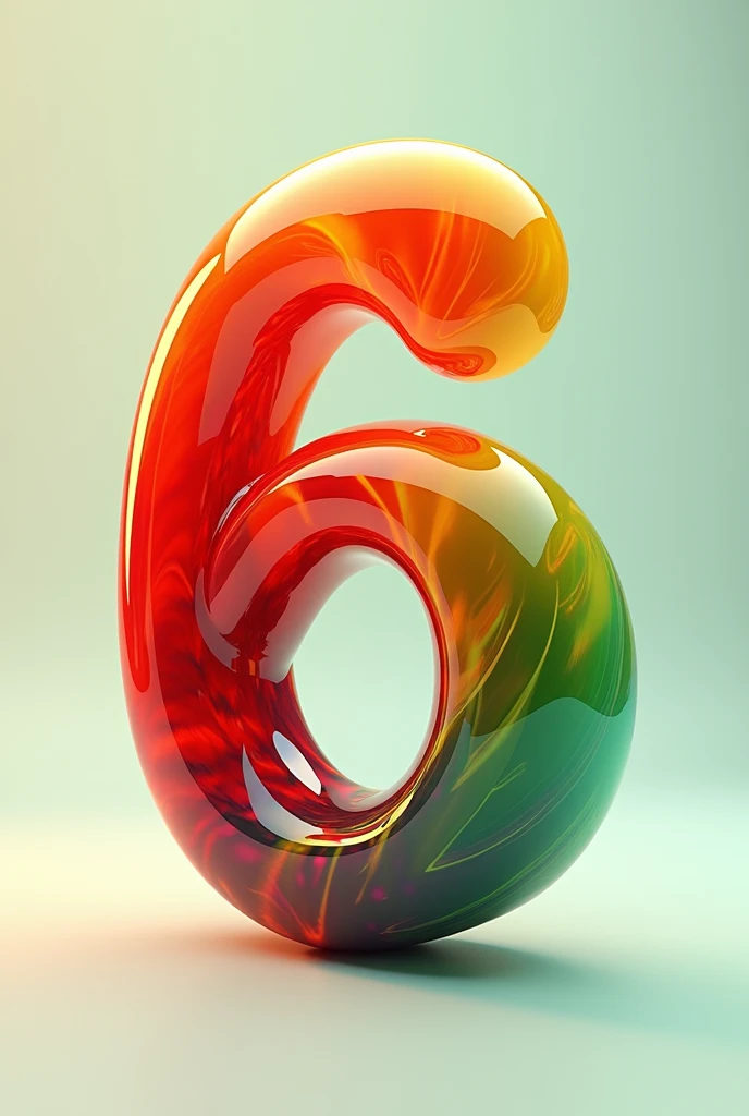 The number six (6) in 3d in the shape of water red color, yellow and green