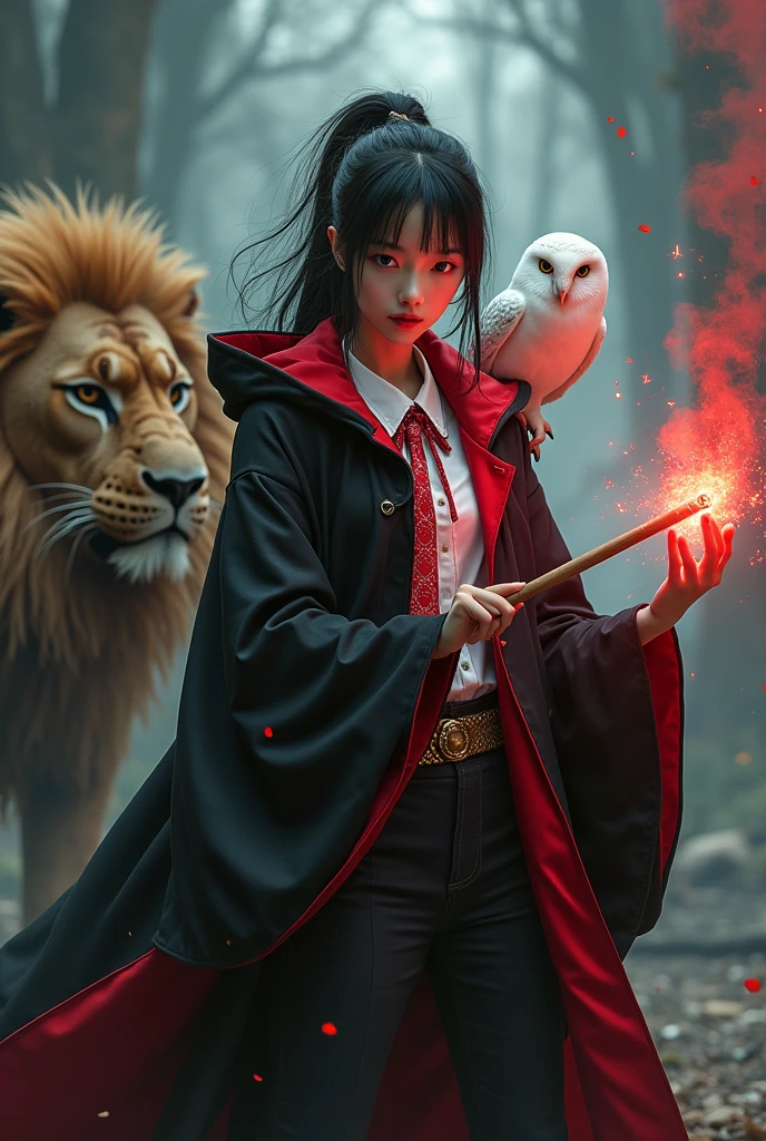 photo, asian woman, white skin, Slender face, Facing straight, Fluffy black hair, Long slender fingers, Black witch cloak, Red Hood, black witch hat, White collared inner shirt, Red and white patterned tie, Holding a magic wand, There were red sparks coming out of the wood., Red smoke rises from the wood., A white owl stands on the right shoulder., A large golden lion appeared from the left rear side.