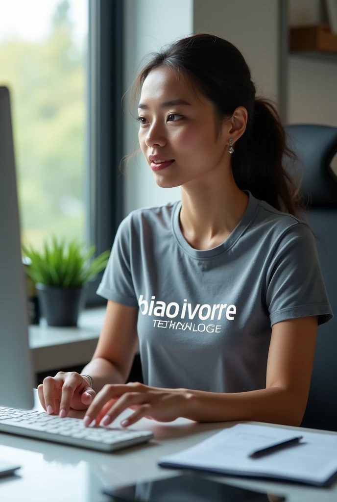 Une assistante dans un bureau devant un ordinateur portant un t-shirt personnalisé où c'est Écrit BIAO IVOIRE TECHNOLOGIE ™