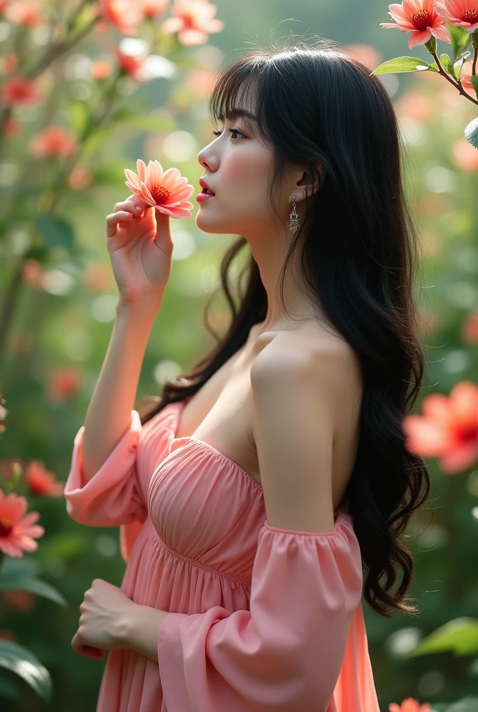 ((The Peeping Tom's Perspective)) A beautiful asian and young girl.Her facial features are exquisite and fully conform to the golden ratio of human anatomy...Her long, black hair, Big breasts, huge chest, fat body,  beautiful scenery,  big breasts, big, big tits, busty , big breast,  big boobs, wearing a beautiful sexy pink maxi dress, at the flower garden, sexy pose , holding a flower in her hands,  enjoying her time,  smelling the flowers 