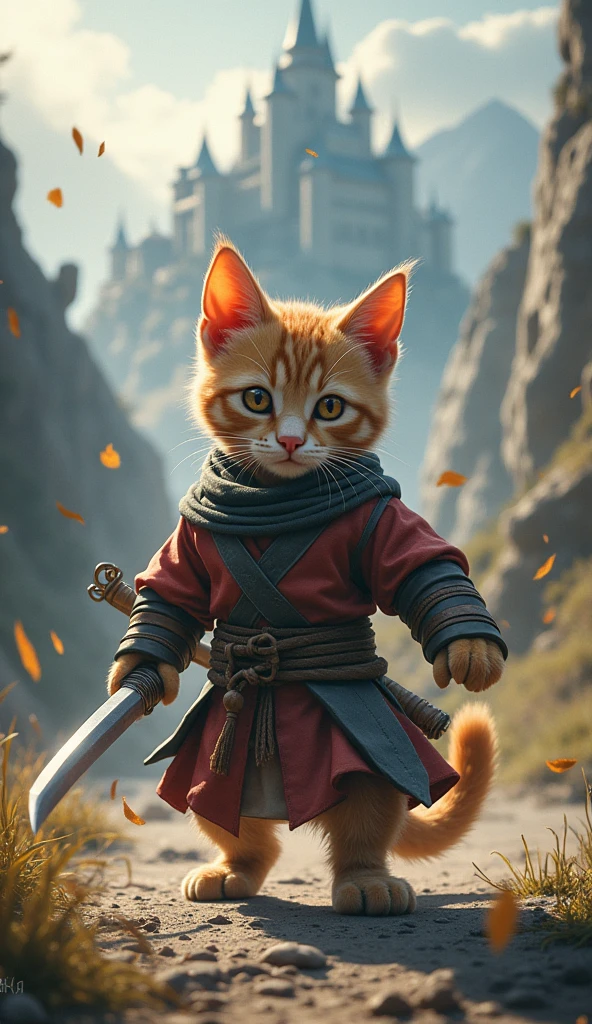 A small, skilled cat trains for a grand battle, motivated by a promise made to his father.