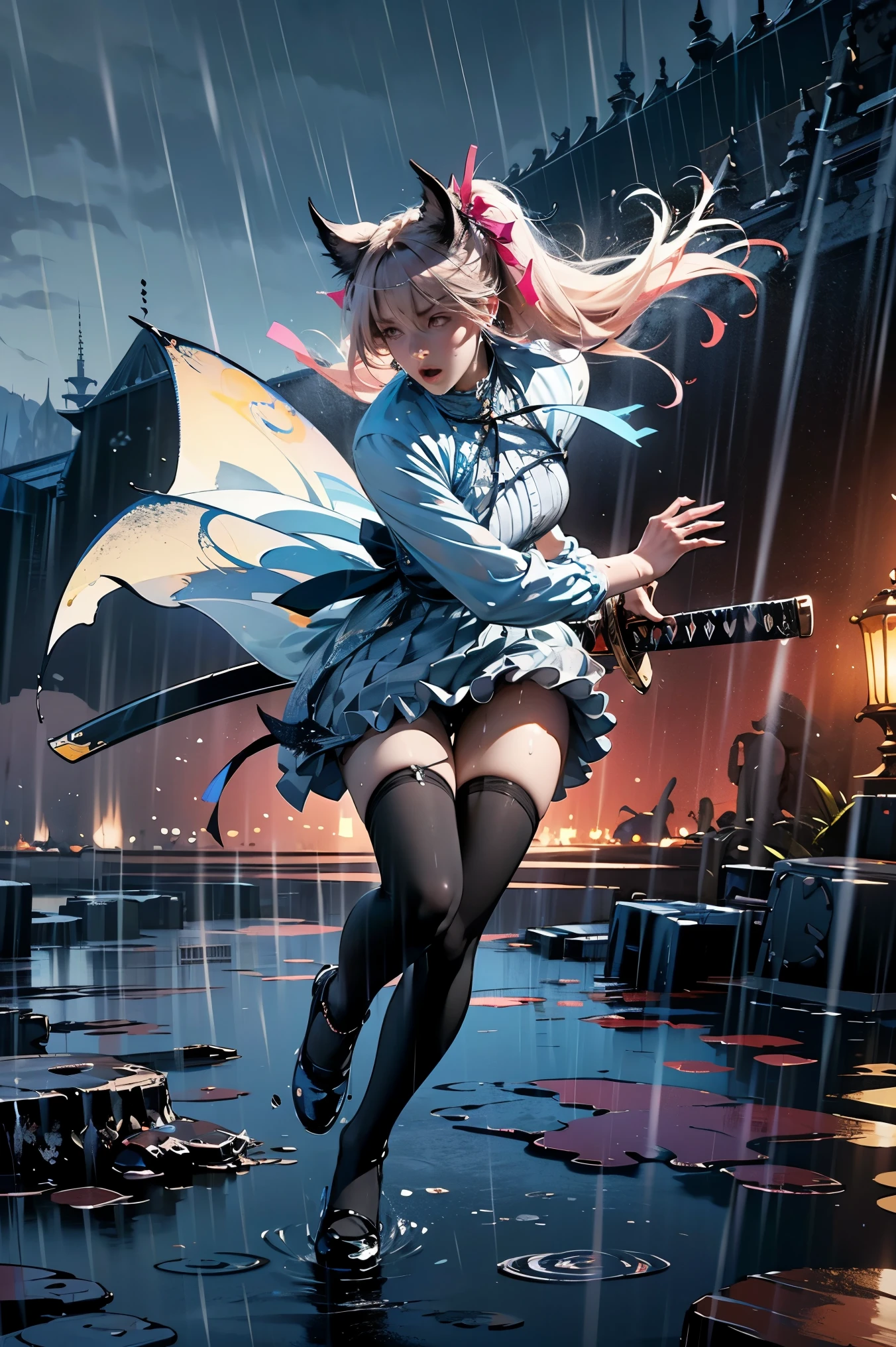 uhd, textured skin, good quality, High details, masterpiece, best quality, high detail face, (Amazingly absurd:1.2), (masterpiece:1.2), fluffy, 1 Girl, Dragon ears, Dress with ruffles, glowing eyes, shining hair , Whole body love, very long hair, hair ribbon, black kneesocks, full body, Kawaiitech, soft colours, Kawaii, Beautiful colors, (Rain:1.5), (Wet:1), (Night:2), (Landscape:2), battojutsus, (holding Katana:1.5),