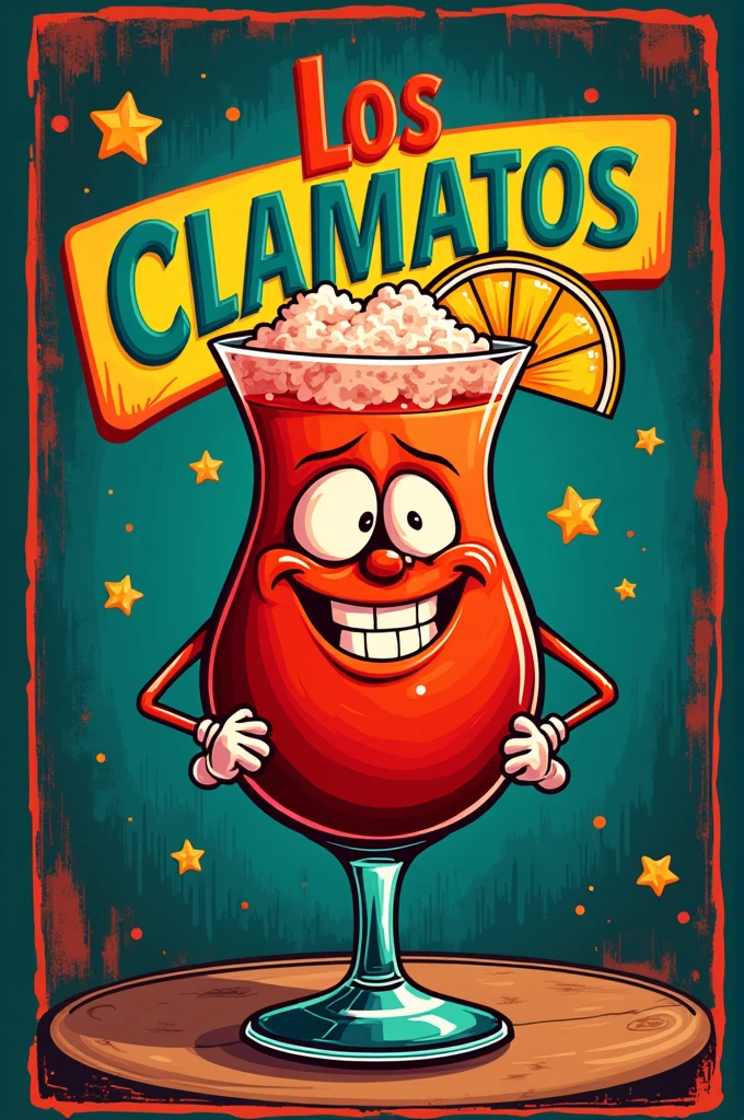 Bar style logo of an animated michelada glass with title los clamatos