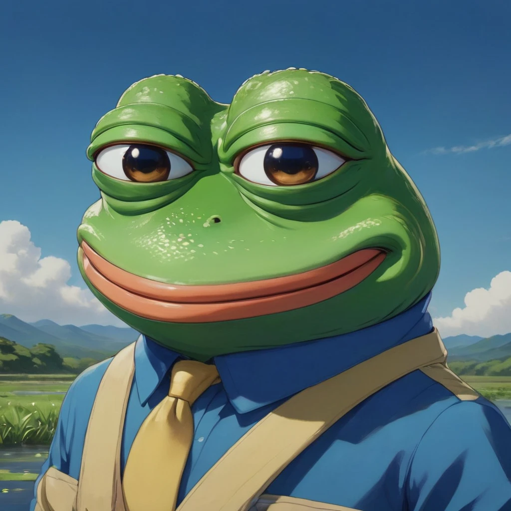 (masterpiece, best quality:1.2),  the frog, Solitary, frog, Anthropomorphic, amphibian, portrait, Japanese cartoons, author：Shinkai Makoto, Studio Ghibli, Smile, Smile, baby_frog, Very detailed, Center, Smooth background, Digital Painting, Art Station, Concept Art, Smooth, Clear focus, illustration, Bipeds, wearing clothes, Great apes, Emotional eyes, Human body proportions, Perfect art, Blue shirt