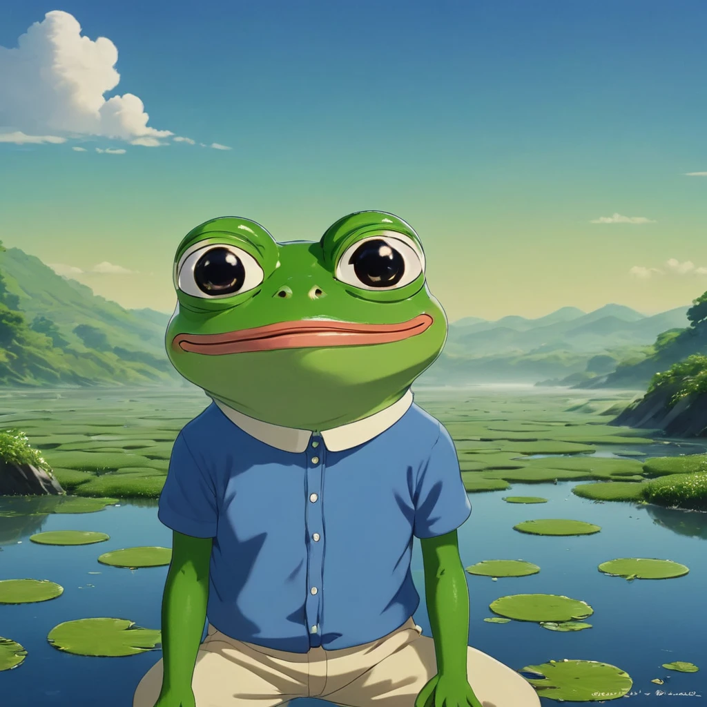 (masterpiece, best quality:1.2), baby the frog, Solitary, frog, Anthropomorphic, amphibian, portrait, Japanese cartoons, author：Shinkai Makoto, Studio Ghibli, Smile, Smile, baby_frog, Very detailed, Center, Smooth background, Digital Painting, Art Station, Concept Art, Smooth, Clear focus, illustration, Bipeds, wearing clothes, Great apes, Emotional eyes, Human body proportions, Perfect art, Blue shirt