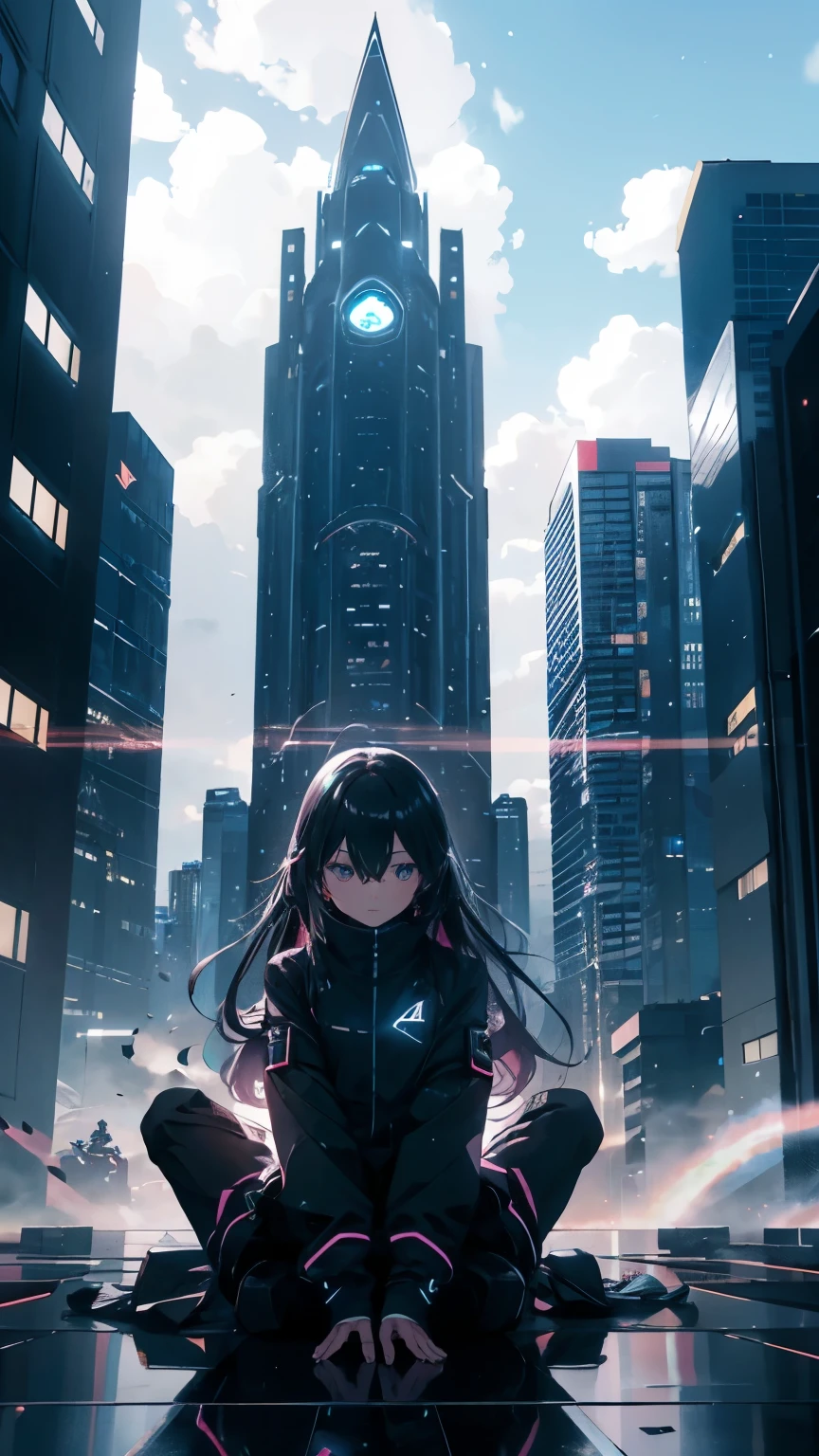 Octane, null, star (null), scenery, starry null, night, One girl, Wearing glowing clothes、Depict the girl small、night null, alone, Outdoor, building, cloud, milky way, Sitting, wood, Long Hair, city, silhouette, cityscape、Ultra-wide angle、nullを大きく、nullにフォーカス、街とbuildingを見下ろす、