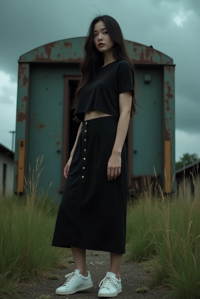 (Close-up of a better masterpiece:1.5)cinematic (solo) a 3 asian woman with long hair, curvy body, wearing a plain black t-shirt, a plain black 7/8 length skirt, white newbalance shoes, standing in front of an old rusty abandoned train door, with an old abandoned station, tall grass, and dark clouds in the background