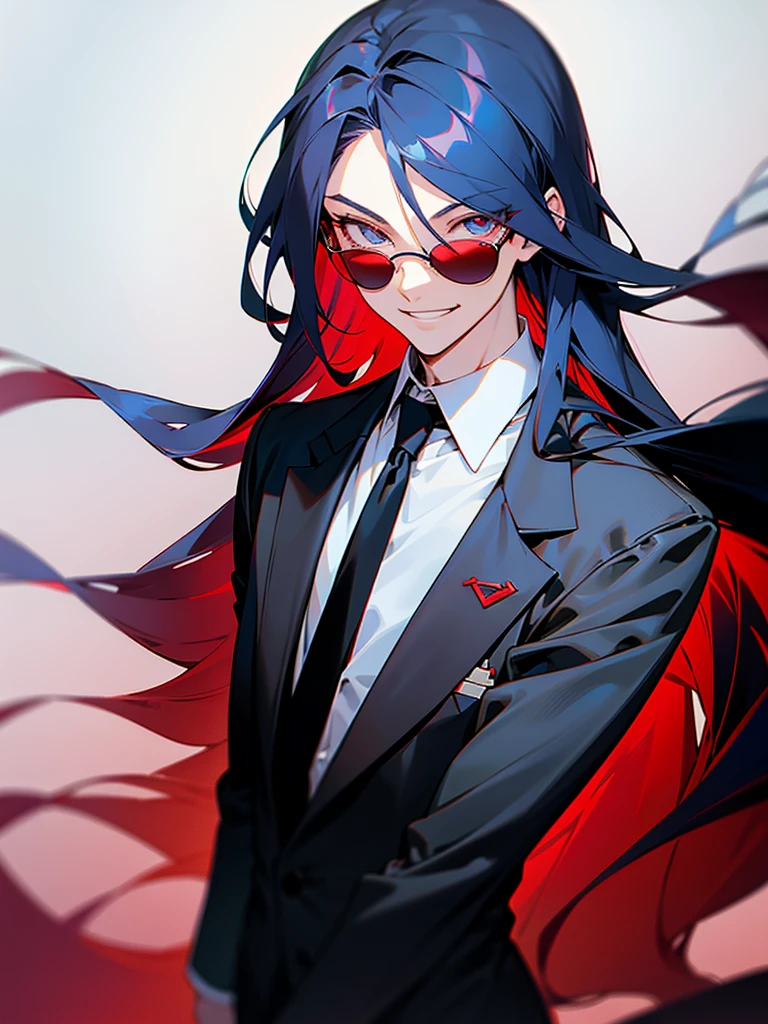 Anime boy, crimson eyes, detailed eyes, long eyelashes, dark blue hair; long flowy hair, shoulder-length hair, red sunglasses with black lenses, soft smile, smiling with teeth, black suit, white collared shirt, black tie, relaxed, gradient background. Magazine style promotion image, beautiful and elegant