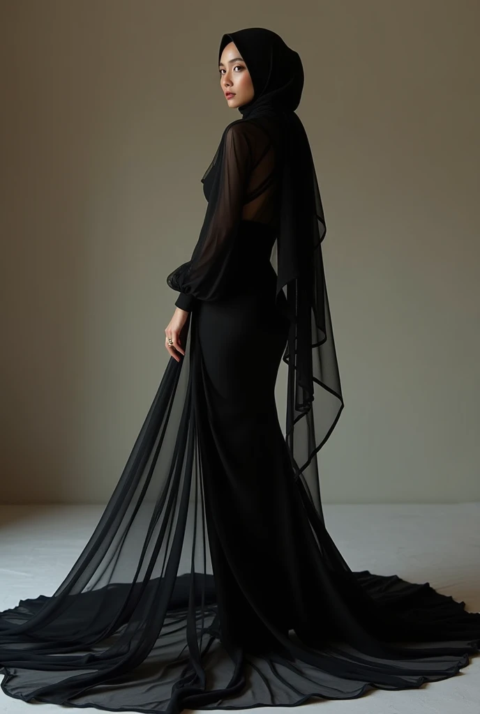 Asian woman wrapped in a transparent black cloth mimicking a mermaid gown with a striking large train, puff sleeve, the cloth clings tightly to her figure, incorporates a hijab, standing with poise, see through whole body, half naked, nipple on, dramatic lighting, volumetric textures, very long cloth, in bed room, ultra realistic, golden ratio.