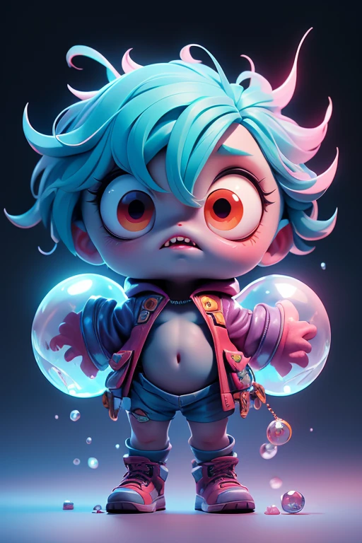Create a monster image, a small, big-headed, baby monster.. The body is transparent and can be seen through. The image is sharp and detailed., with beautiful colors.. With arms, leg, eyes, mouth, พื้นหลังสีlegว