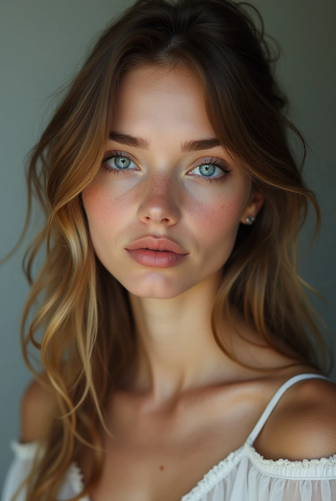 Une jeune fille de 24 ans avec les yeux bleu manifique et mignonne canonne, portrait,long cheveux