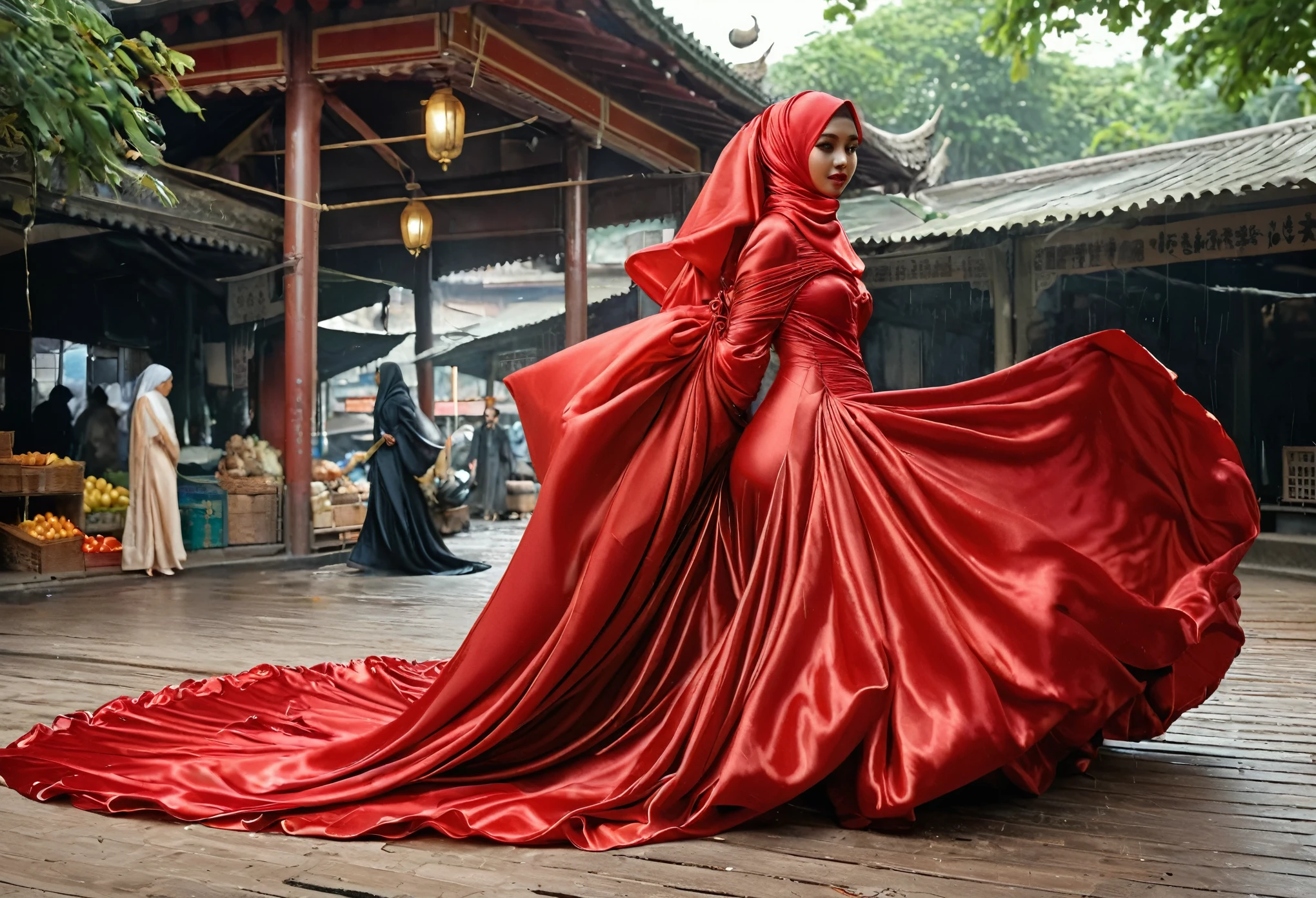 A woman shrouded in a 9-meter-long, plush red satin cloth, tightly bound and grandly draping along the form of her body, flowing off into a pooled floor-length train, styled in a mermaid-inspired outfit with ballon sleeve, her head modestly veiled in a satin hijab, 175 height woman, walk in wet traditional market, a full-body pose conveying a sense of elegance, captured in a 4k resolution, ultra-realistic