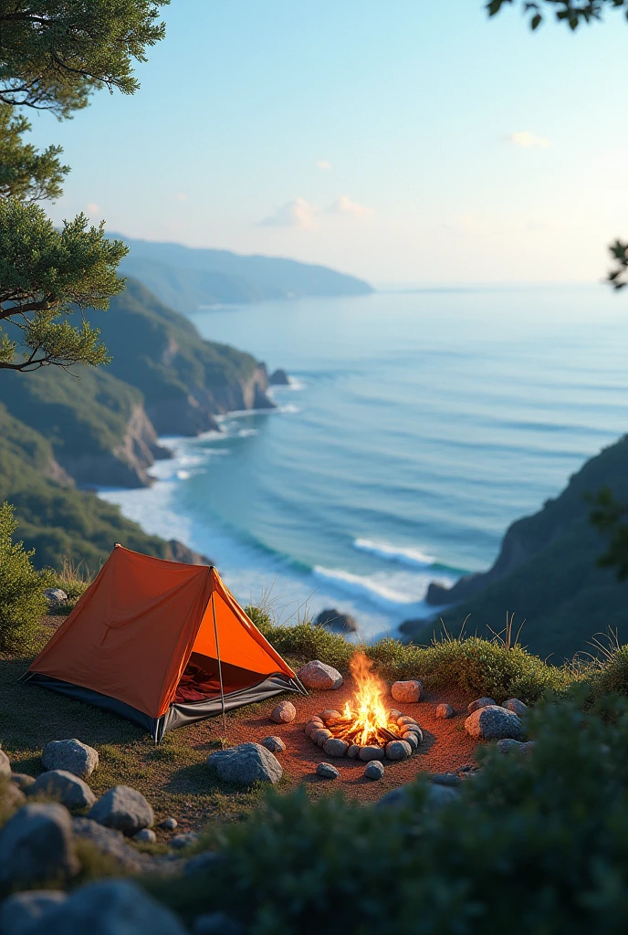 Photorealism 1.4 realistic realism high detailed definition campsite at hills facing ocean