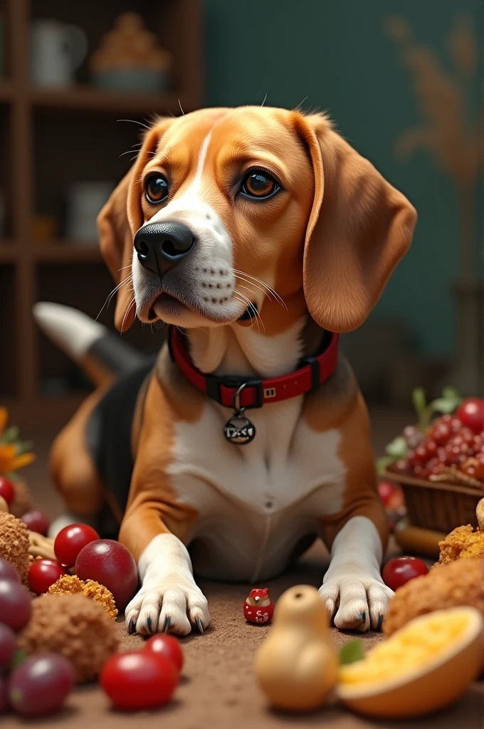 Un beagle âgé entouré de pleins de nourriture. Avec un collier écrit haxo.