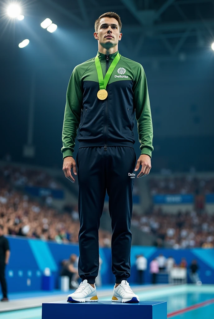 "Design a complete image of a swimmer during a medal presentation, dressed in a tracksuit with matching trousers. The tracksuit should prominently display the word 'deloitte' printed on it, with a full-stop after the 'deloitte' shown as green, as this is a key detail."