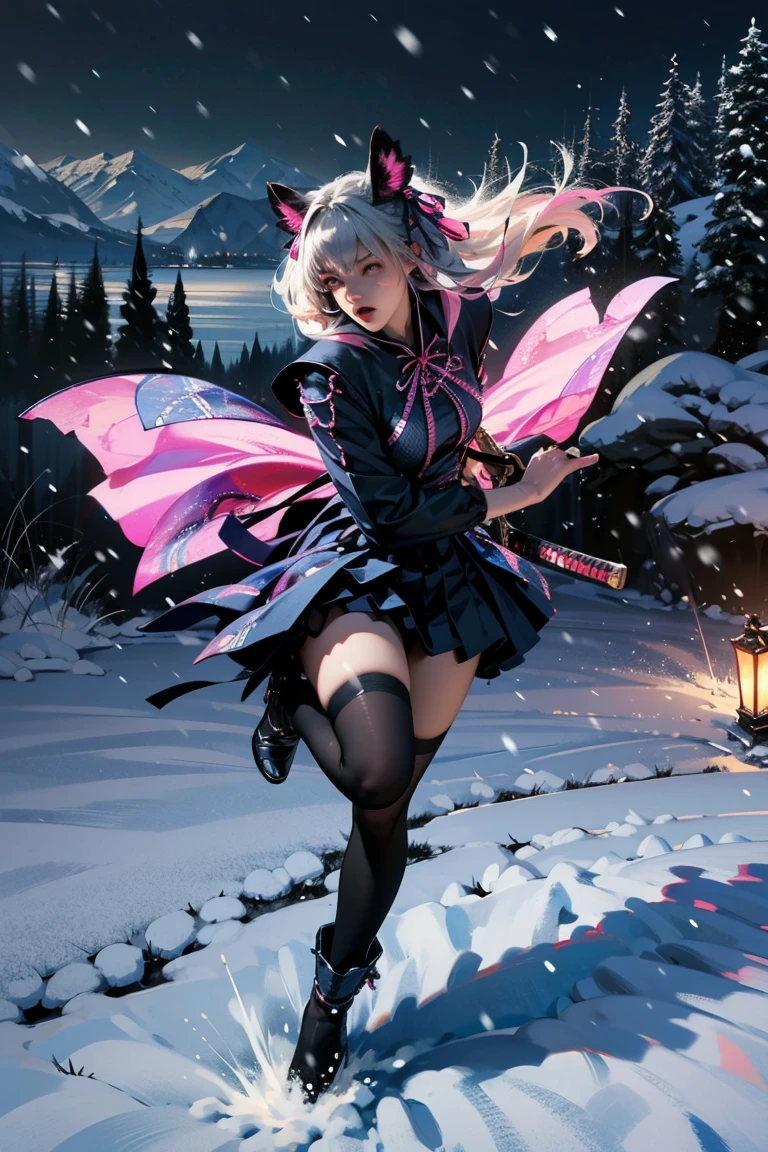 uhd, textured skin, good quality, High details, ​masterpiece, best quality, high detail face, (Amazingly absurd:1.2), (​masterpiece:1.2), fluffy, 1 Girl, Dragon ears, Dress with ruffles, glowing eyes, shining hair , Whole body love, very long hair, hair ribbon, black kneesocks, full body, Kawaiitech, soft colours, Kawaii, Beautiful colors, (Snow:1.5), (Wet:1), (Night:2), (Landscape:2), battojutsus, (holding Katana:1.5),
