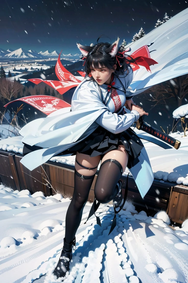 uhd, textured skin, good quality, High details, ​masterpiece, best quality, high detail face, (Amazingly absurd:1.2), (​masterpiece:1.2), fluffy, 1 Girl, Dragon ears, Dress with ruffles, glowing eyes, shining hair , Whole body love, very long hair, hair ribbon, black kneesocks, full body, Kawaiitech, soft colours, Kawaii, Beautiful colors, (Snow:1.5), (Wet:1), (Night:2), (Landscape:2), battojutsus, (holding Katana:1.5),