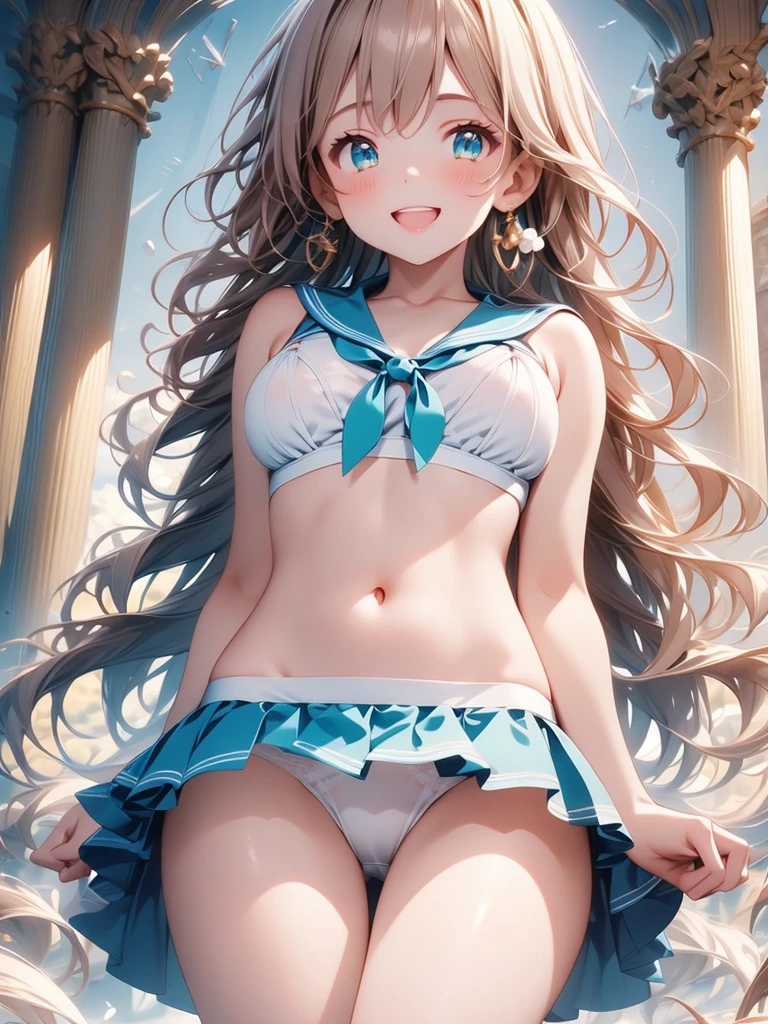 A beautiful girl with open arms posing in the air, anime girl, sailor suit, blue pleated miniskirt, reaching out, white flower print panties, white bra, underboobs, big round breasts, dark brown hair, long bangs, long hair, wavy hair, expressive hair, shiny hair, hairclip, cat hair ornament, aqua eyes, glowing eyes, pupils sparkling, earrings, open mouth, smile, grin, blush, tongue, glossy lips, upper teeth, high detail, anime, anime style, depth of field, cinematic lighting, dithering, image fill, framed, first-person view, pov, multiple views, from below, perspective, atmospheric perspective, Wide-Angle, f/1.8, 85mm, Nikon, 8k, super detail, UHD, retina, masterpiece, accurate, anatomically correct, textured skin, high details, best quality, highres, 16k