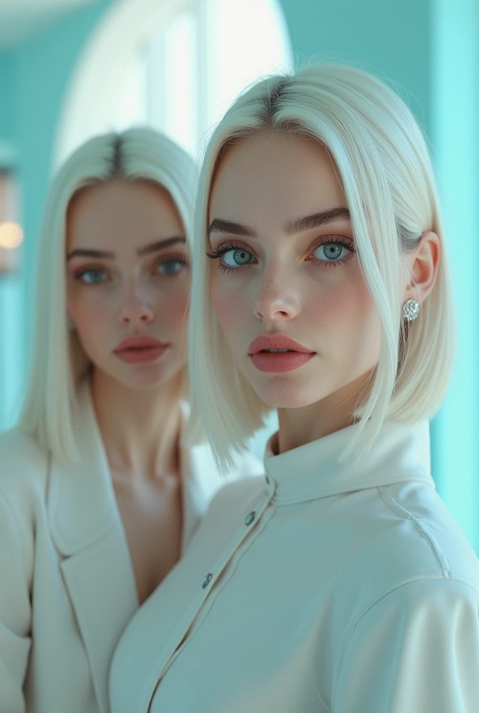 "Create a 2 female AI social media influencer with a cool, fair complexion and an effortlessly stylish vibe. She has striking, delicate features with icy-blue or light hazel eyes that stand out against her smooth, porcelain skin. Her hair is sleek and straight, either in a platinum blonde or a cool-toned dark shade, falling just below her shoulders. Her style is minimalist and chic, often wearing monochromatic outfits or subtle pastels that enhance her cool-toned look. She radiates confidence and sophistication, with a calm and composed demeanor that appeals to her audience. This AI influencer should be a trendsetter in fashion and beauty, known for her impeccable taste and a soothing, elegant online presence."