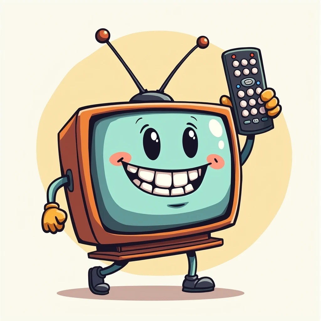 Cartoon style television smiling with braces with two arms holding a remote control with a VERY BIG NAME written on it IPTV