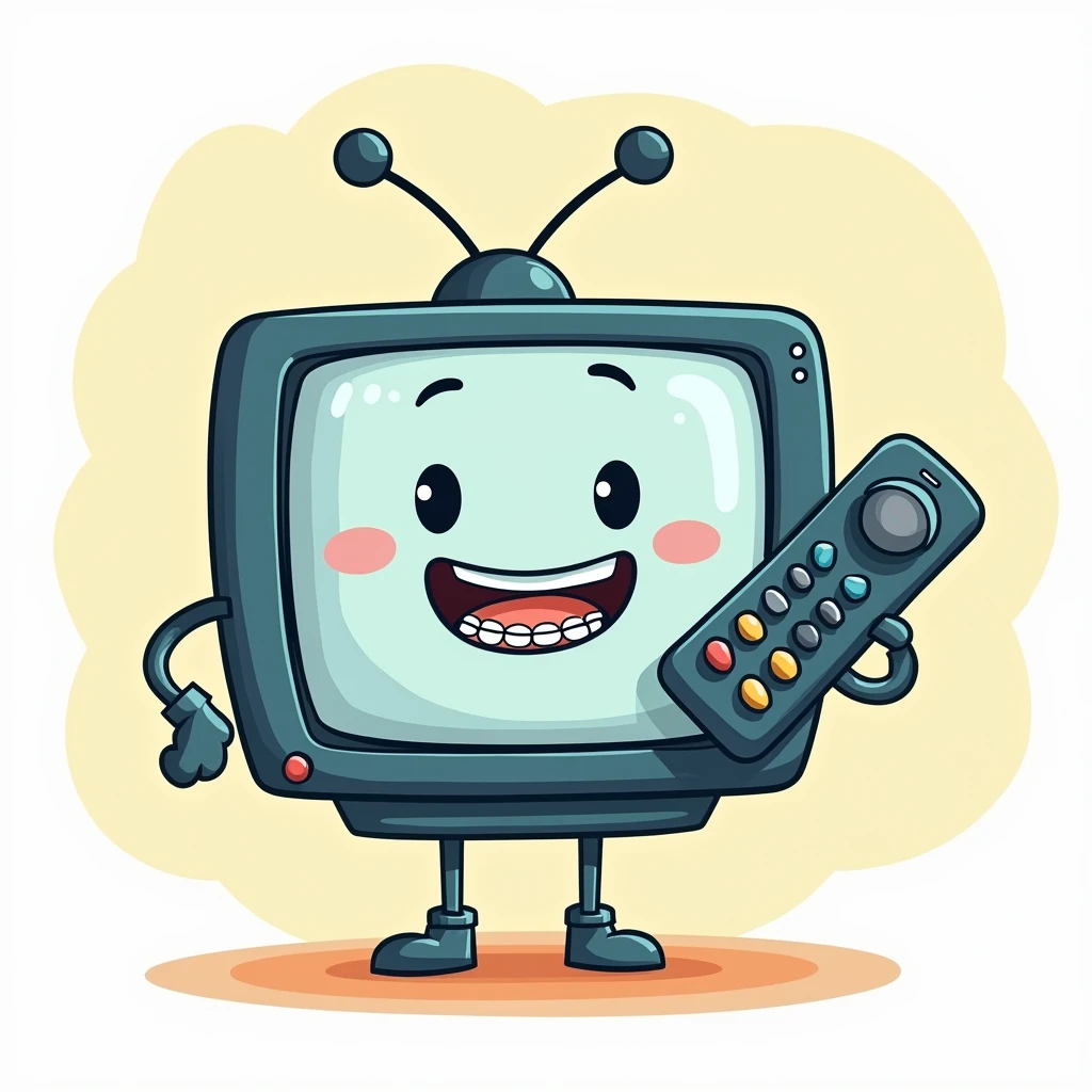 Cartoon style television smiling with braces with two arms holding a remote control with a VERY BIG NAME written on it IPTV