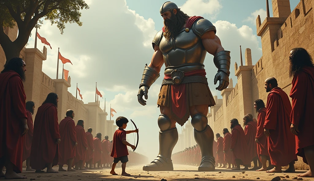 “Create a dynamic scene of young David standing confidently, facing the towering figure of Goliath. David, a boy with a determined expression, holds a slingshot firmly in his hand. His posture is strong, with his feet planted firmly on the ground. Goliath looms above him, clad in heavy armor, with an intimidating and fierce expression. The background should depict His muscular build and fierce expression instill fear in the frightened villagers, who scatter and watch from behind walls and trees, their faces a mixture of awe and terror. The village is quaint, with cobblestone streets and fluttering banners, creating a stark contrast to Goliath's formidable figure. The sky above might be somewhat overcast, adding to the tension of the moment. 