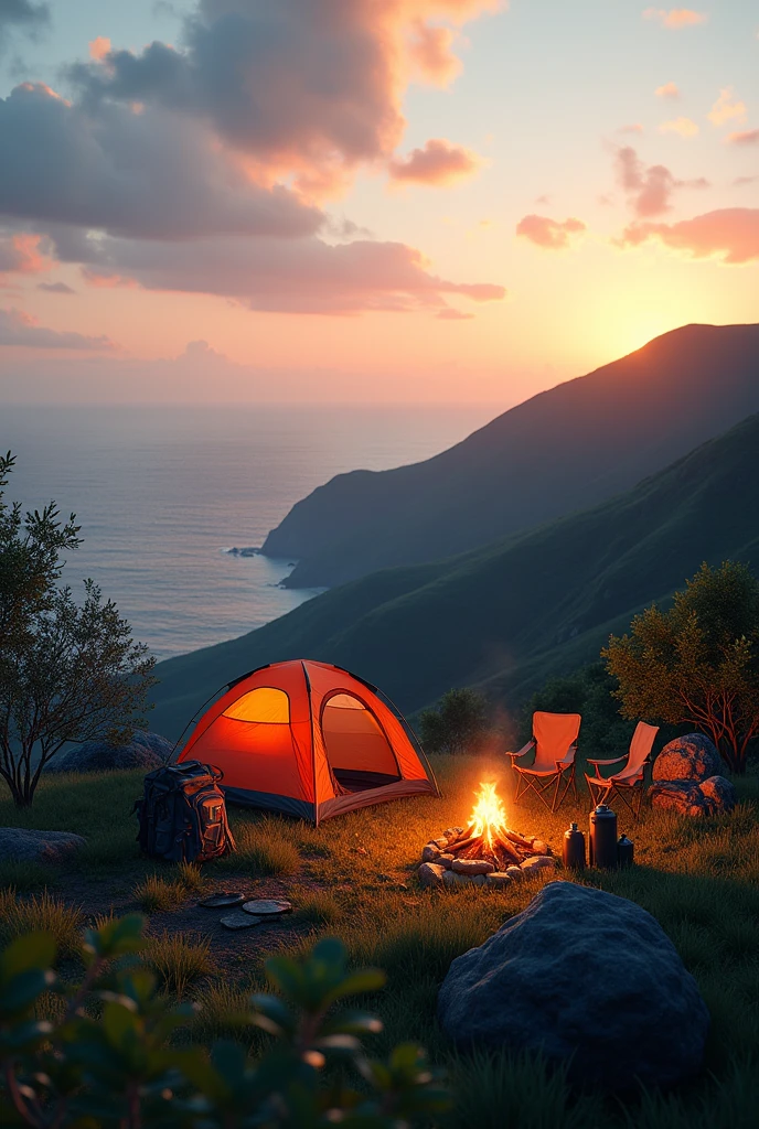 Photorealism 1.4 realistic realism high detailed definition campsite at hills facing ocean dusk mode
