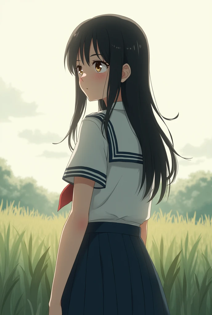 Black hair girl back view sailor suit dazed