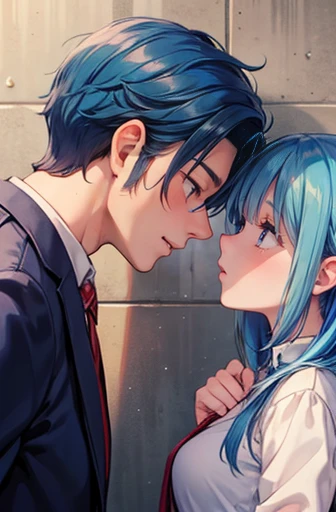 men and women、student、Love love、Flirting、blue haired woman、Blue haired man、wall、From the side、男が女をwallドン、The man puts his face on the woman's neck、Man sticks out his tongue、Woman looking at camera、blush、Sweat、upset
