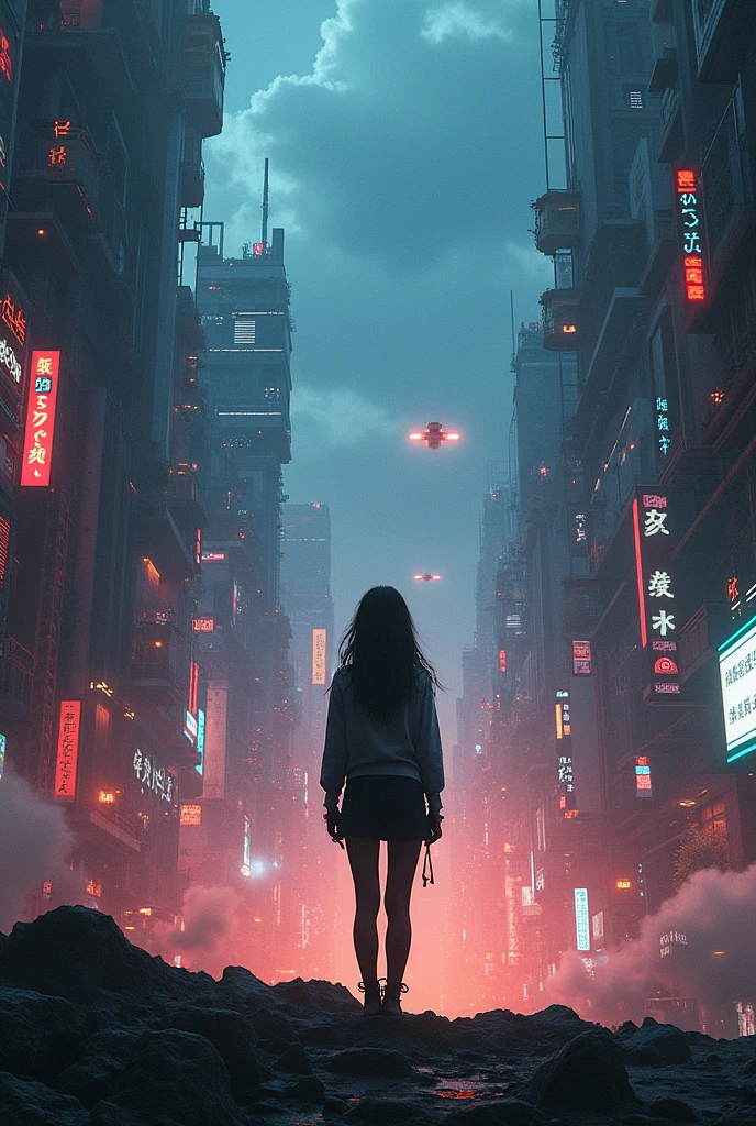 A woman stands in a cyber city. The sky is dark but there is light.