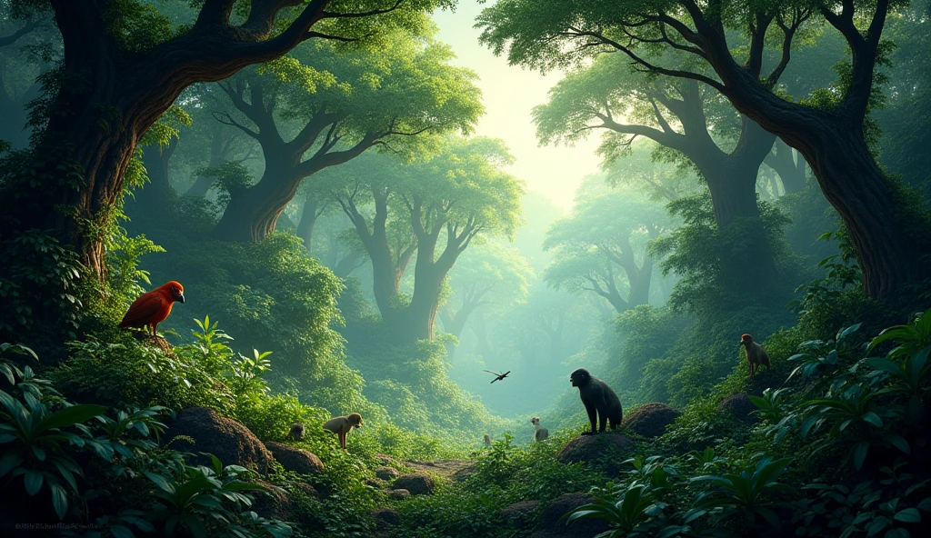 Dense African Jungle: A vibrant and dense African jungle, with tall trees, thick bushes, and a variety of wildlife like birds, monkeys, and other small animals. The lighting should be slightly dim to give a mysterious feel.